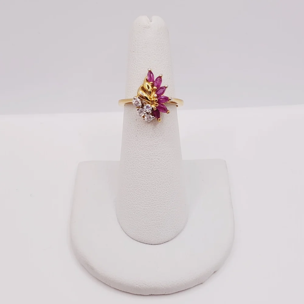 Genuine Marquise Pink Ruby - Simulated Diamonds - 18k Yellow Gold Plated Ring